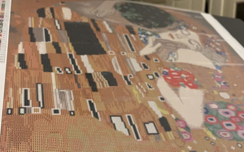 Closeup of Diamond Art Club rendering of "The Kiss" by Gustav Klimt